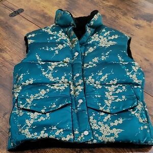 Reversible Green And Black Floral Puffer Vest